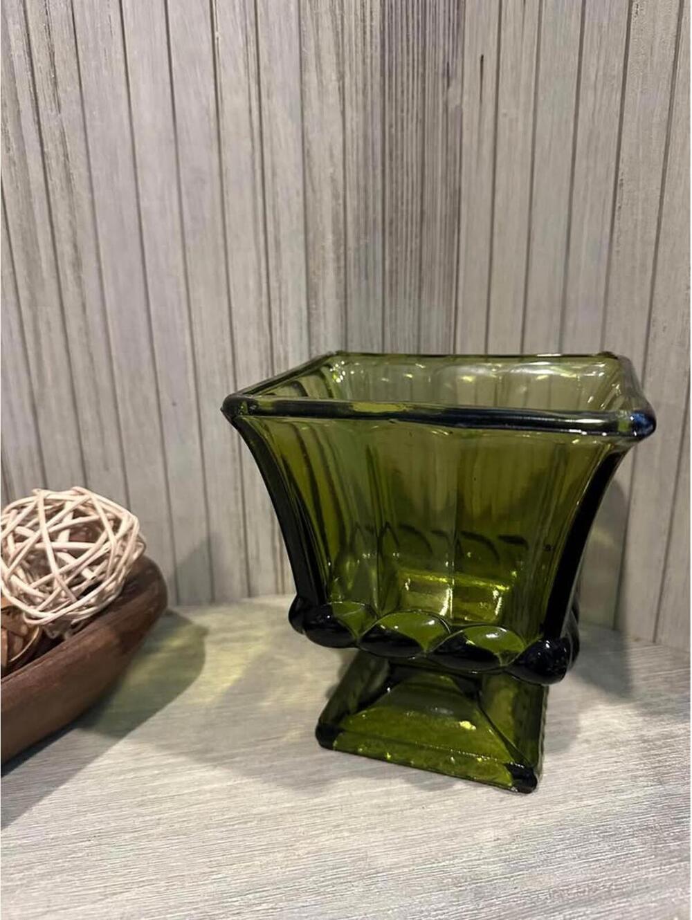 Vintage green Indiana Glass pedestal bowl footed planter candy dish 6” x 5.5”